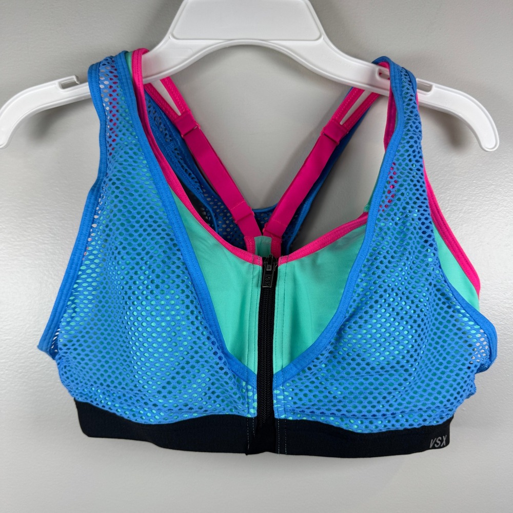 Victoria's Secret VSX Sport Bra Front Zip Mesh Double Layer Blue Pink 36B